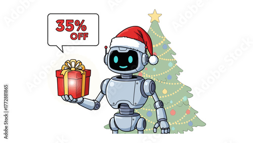 Festive Bot's Discount Delight: A charming robot adorned in a Santa hat, holds a gift box promising a 35% discount, with a decorated Christmas tree in the background.