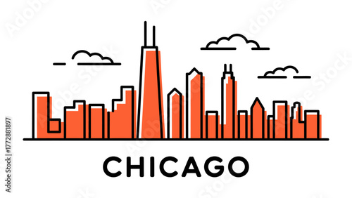 Chicago City Skyline: An elegant illustration showcases the iconic skyline, a city of architecture with its towering skyscrapers, simple design with clear outlines. 
