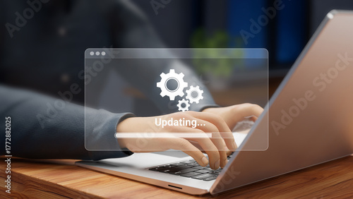 Software update and system upgrade concept. patch update, quick upgrade, updating progress bar, new version, Improved security concept. Person updating operating system. 3D illustration