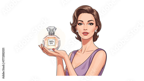 Elegant Essence: A refined figure presents a luxurious fragrance, capturing the essence of sophistication and allure. The woman embodies classic beauty, holding the bottle with grace.
