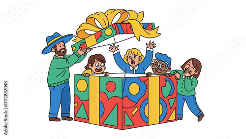 Surprise Gift Unveiling: A group of friends is joyfully surprised to open a large gift box. The image radiates excitement and happiness. 