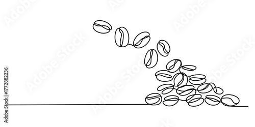 Minimalist continuous line drawing of falling coffee beans cascading onto a surface vector