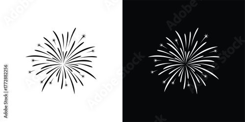Fireworks with Stars Line Art Vector, Black and White Minimal Illustration for Celebration, Festival, and Holiday Decoration Designs