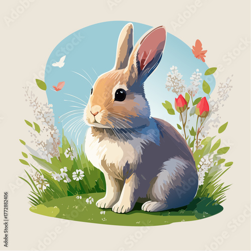 Adorable fluffy bunny rabbit sitting in a lush green meadow surrounded by wildflowers and soft sunlight, embodying spring and Easter themes