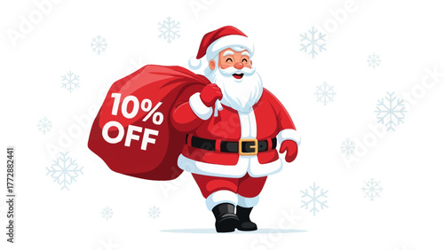 Festive Santa with Sale: Santa Claus, filled with holiday cheer, strides forward carrying a brimming sack of presents, emblazoned with a bold 10% OFF sale, against a festive backdrop.