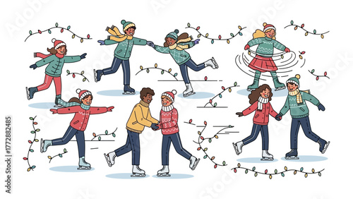 Joyful Ice Skating: A group of friends of all ages is seen enjoying the winter season by ice skating outdoors, gliding gracefully on the frozen surface with smiles on their faces.