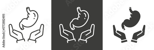 flat and linear set icons, care stomach, digestive system icon, digestion, balance gastric acid, simple symbols on white and black background - editable stroke vector illustration