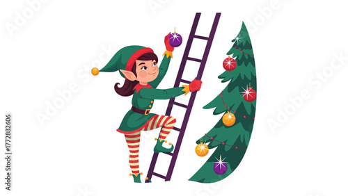 Festive Decoration: A cheerful elf ascends a ladder, embellishing a vibrant evergreen tree with colorful ornaments, exuding the spirit of the season.
