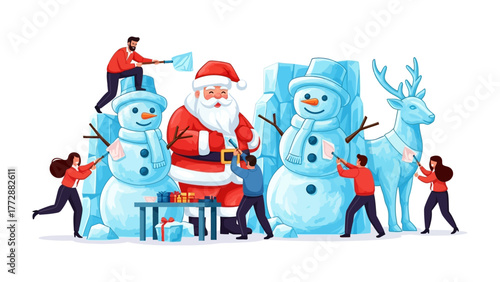 Crafting Festive Fun: A group of creative individuals collaborates, sculpting joyful holiday figures of snowman, Santa, and reindeer. Together, they create a heartwarming scene of festive creativity.