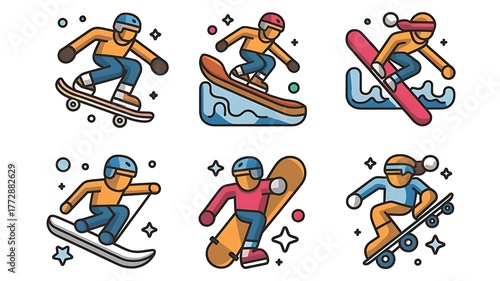 Dynamic cartoon icons set featuring snowboarding and skiing action sports fun