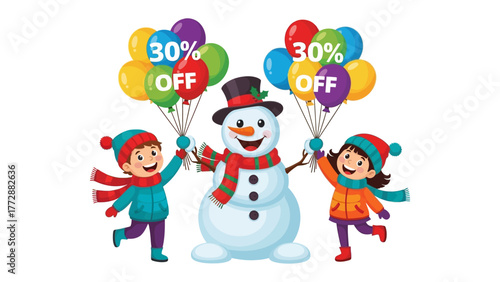 Festive Winter Sale: Two excited children and a jolly snowman share festive balloons with sale offers to bring holiday cheer.