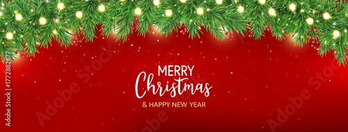 Green fir branches with glitter stars, golden light and berries frame. Merry Christmas garland border. New Year red card. Winter Holiday background. Xmas evergreen plant banner. Vector illustration