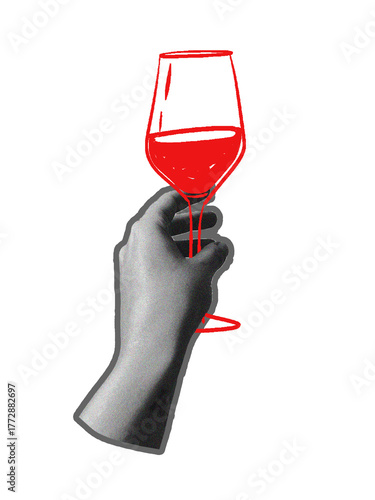 Hand Holding Red Wine Glass in Artistic Style. Collage technique. invitation template, party poster, greeting card, social media post 