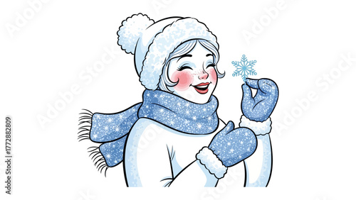 Enchanting Winter Moment: A young girl, bundled in winter attire, gazes with wonder at a delicate snowflake, capturing the magic of the season.