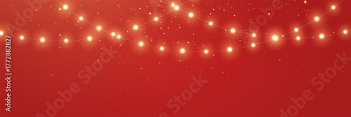 Christmas gold light frame. Fairy bulb red banner. New Year luxury string garland. Winter party background. Led neon baubles. Festive border. Glow lamp bg. Glitter bright. Vector illustration