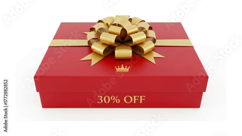 Gift Box and Discount: A festive gift box adorned with a gold bow, offering a compelling discount to entice shoppers, ideal for promotion, sale, offer, shop and store
