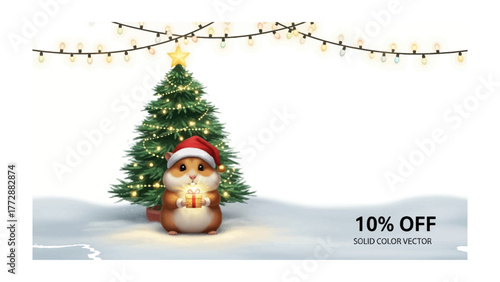 Holiday Hamster's Gift: A charming hamster, adorned in a festive Santa hat, stands before a twinkling Christmas tree, clutching a tiny gift box amidst a whimsical winter scene.