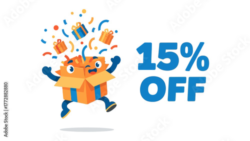 Explosive Offers: A whimsical animated image of a box jumping joyfully, launching gifts, with 15% OFF boldly displayed, perfectly capturing the essence of a great deal.