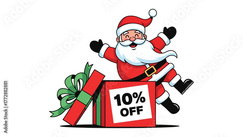 Festive Discount Surprise: A jolly figure springs from a beautifully wrapped gift box, a cheerful declaration of a limited-time 10% discount to elevate the Christmas spirit. 
