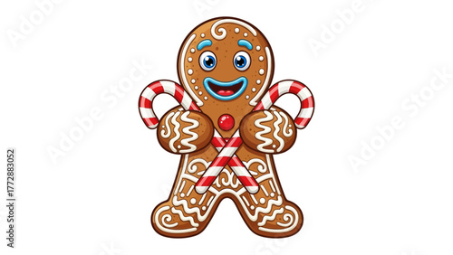 Gingerbread Man's Holiday Cheer: A jolly gingerbread man, adorned with intricate icing details and holding crossed candy canes.