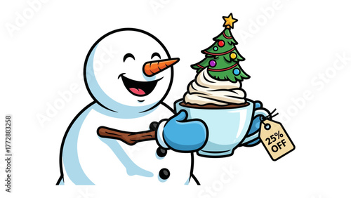 Festive Delight: A whimsical snowman, embodying the cheer of the season, offers a delightful cup of a Christmas-themed beverage, adorned with a miniature tree and a special discount.