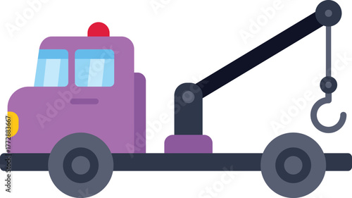 Purple tow truck with crane and hook ready to provide roadside assistance