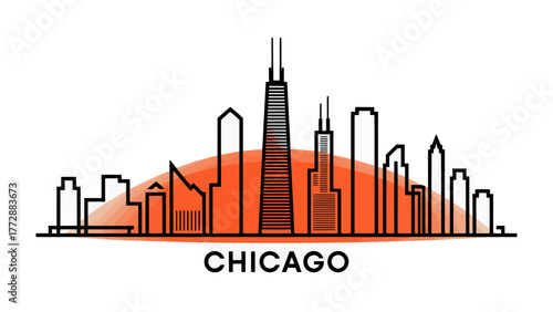 Chicago Skyline Silhouette: The iconic Chicago skyline, rendered in a striking silhouette against the backdrop of a setting sun. The image highlights architectural marvels.