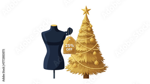 Festive Fashion Savings: A stylish mannequin proudly showcases a 25% Off tag alongside a beautifully adorned Christmas tree, offering enticing holiday deals.