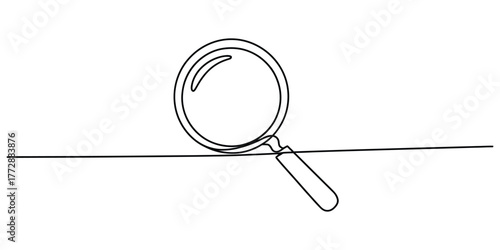 Minimalist continuous line drawing of a magnifying glass on a straight line vector