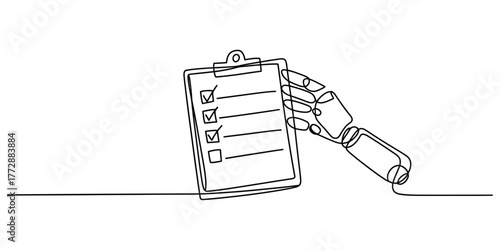Robot hand completing checklist with single continuous line drawing vector