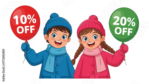 Winter Sale: A vibrant illustration showcasing two young children joyfully holding balloons displaying enticing percentage discounts, beckoning customers to enjoy winter sale