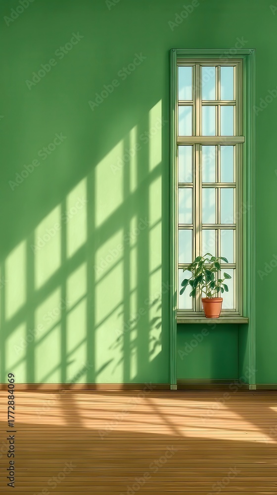 Fototapeta premium Bright green wall with sunlit shadows, cozy indoor plant on shelf, warm wooden floor, perfect for a serene atmosphere.