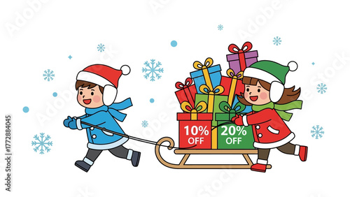 Holiday Helpers: Two cheerful children excitedly pull a gift-laden sled through a snowy winter scene, with sale tags showcasing festive bargains and cheerful holiday cheer.