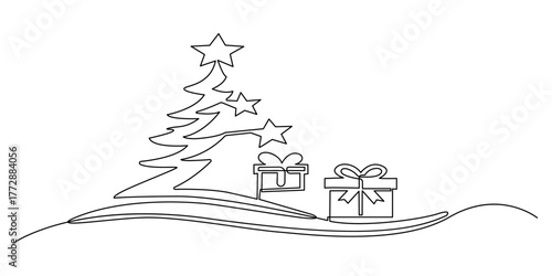 One continuous line drawing of Christmas greeting card. Festive candle with snowflake and christmas tree toy for winter xmas holiday concept in simple linear style. Doodle vector illustration