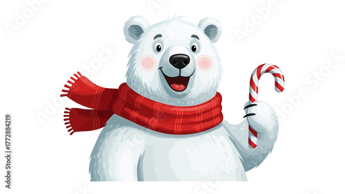 Polar Bear with Candy Cane: An adorable polar bear, adorned with a cozy scarf, holds a candy cane, evoking the festive spirit of the season. capturing the pure joy and triumph