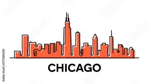 Chicago Skyline: A stylized skyline silhouette captures the essence of Chicago's architectural splendor. Featuring iconic buildings. It reflects a vibrant cityscape and urban design.