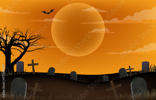 Eerie Halloween night scene with a graveyard, bare tree, flying bat, and a huge orange full moon in a foggy sunset sky.