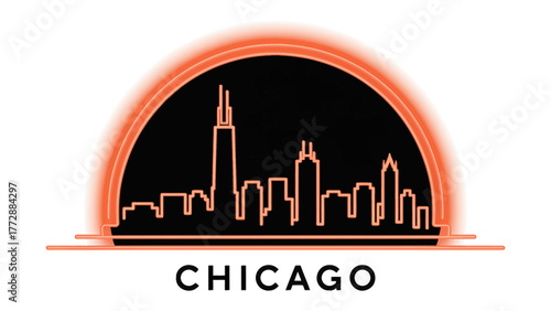 Chicago Skyline Silhouette: The iconic Chicago skyline, rendered in a striking silhouette with bold lines, stands against a vibrant orange backdrop.