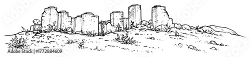 hand-drawn vector illustration of ancient stone ruins on hill in monochrome style