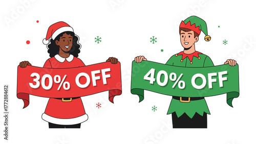 Festive Discount Announcement: Two individuals, adorned in holiday attire, proudly display banners, advertising enticing seasonal discounts, creating a visually appealing and attention-grabbing scene.