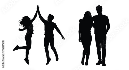 Silhouette of a joyful couple and a friend celebrating together happily