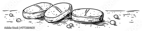 monochrome hand-drawn vector sketch of three bread rolls on table