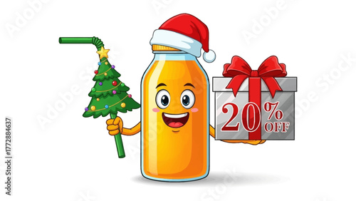 Festive Juice Delight: An animated, cheery juice bottle wearing a Santa hat. Embracing the holiday spirit and promoting a special discount on a holiday.