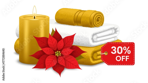 Relaxation Spa Set-up: The image features a curated spa-like composition with a lit candle, fluffy towels, a vibrant poinsettia, and a '30% Off' tag, conveying a sense of serenity.