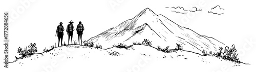 hand-drawn vector illustration of hikers standing on mountain ridge in outline style