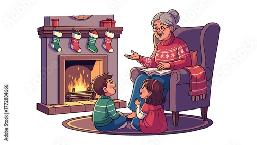 Cozy Christmas Story: A warm illustration of a grandmother sharing a Christmas story with two children in front of a fireplace decorated for the holiday. 