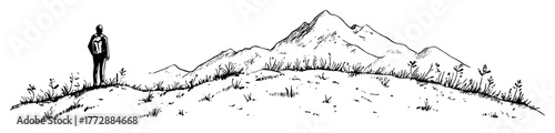 hand-drawn vector illustration of solitary hiker standing on mountain trail in outline style