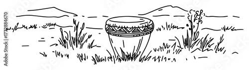 monochrome hand-drawn vector sketch of traditional ceramic pot in mountain field