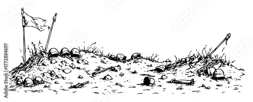 hand-drawn vector illustration of battlefield grave site with helmets and flags