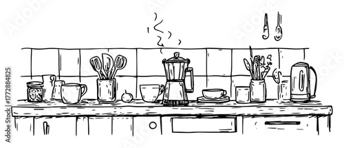 Hand drawn kitchen counter scene with moka pot. Vector sketch illustration of a cozy home interior.